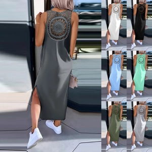 Damen Ärmelloses Maxikleid Polyester Rücken Hohl Häkeln Rundhals Seitenschlitz Sommer Elegant Einfarbig