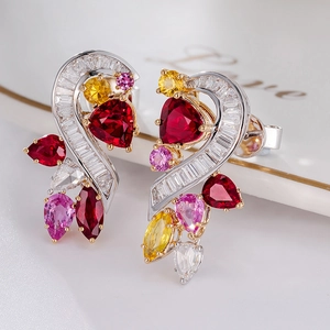 Luxury silver stud earrings with colorful teardrop rubies and dazzling cubic zirconia gems