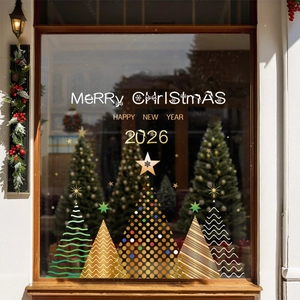 Christmas Window Stickers Static PVC Gold Green Geometric Tree Star Snowflake Glass Decoration Shop Home Reusable
