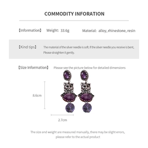 Detailed dimension guide for vintage purple cat-ear drop earrings with sparkling rhinestones