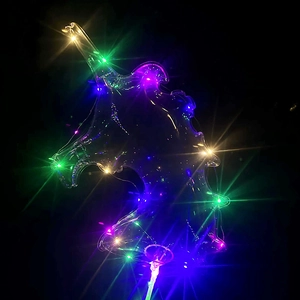 Macro view of unicorn LED glowing balloon with vibrant RGB light string and handheld pole