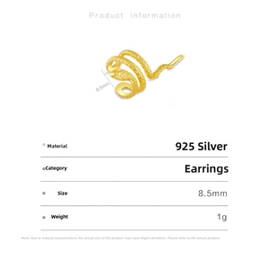 Macro detail of 925 sterling silver snake ear cuff with gold plating and 8.5mm size
