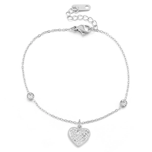 Elegant silver heart pendant bracelet in stainless steel with sparkling zirconia stones