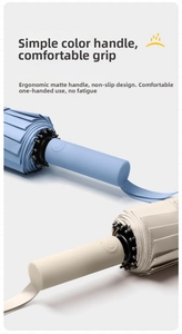 Ergonomic matte umbrella handles in blue and beige with non-slip texture and wrist straps