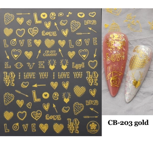 Detail of gold 3D heart nail stickers with LOVE letters and application on nails