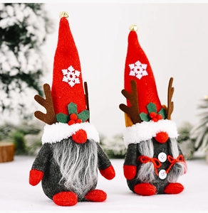 Detailed view of two Christmas gnomes with reindeer antlers, red hats, and white beards