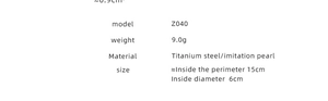 Specifications for the retro titanium steel and pearl bracelet showing model and dimensions