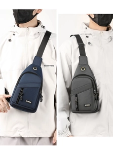 Waterproof oxford sling bags in navy and grey shown on models with sport fashion details