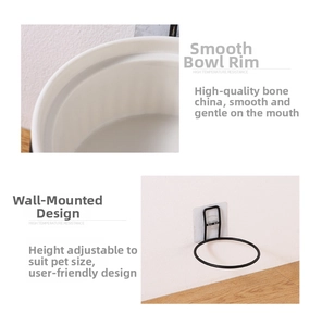 Detail of hanging ceramic cat bowl with adjustable black metal bracket on light wall