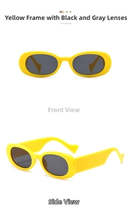 Front and 45-degree side view of vintage oval sunglasses with yellow frames and grey lenses
