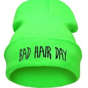 Neon green Bad Hair Day embroidered knit beanie hat with a minimalist cuffed design