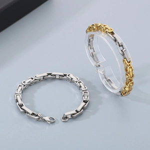 Silver and dual-tone gold Byzantine style stainless steel chain bracelets with lobster clasp
