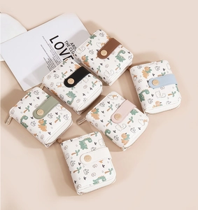Short PU leather wallets for women featuring cute colorful cartoon dinosaur prints
