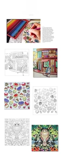 Detail view of Secret Garden coloring book featuring cupcake designs and colored pencils