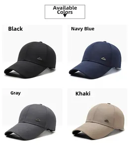 Baseball cap color options in black, navy, grey, and khaki with metal mountain logo