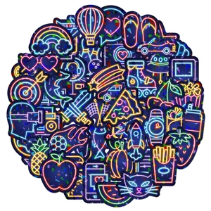 Close-up of neon holographic vinyl stickers set with rainbow, cat and rocket designs