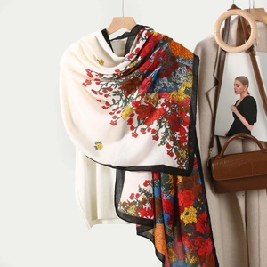 Women's Vintage Floral Print Polyester Scarf Large Sun Protection Shawl Wrap Soft Fashion Neck Kerchief For Travel Beach