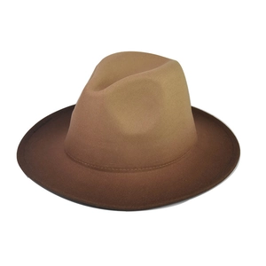 Detail of gradient camel wool fedora hat with wide brim and classic crown design