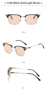Detailed views of black and gold semi-rimless sunglasses with light brown lenses