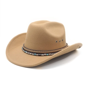 Khaki Western cowboy hat with braided leather band and turquoise beads on white background