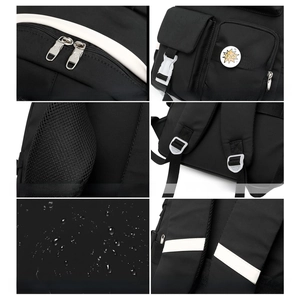 Detail view of water-resistant nylon fabric, smooth zippers and padded shoulder straps