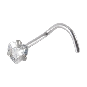 L-shaped stainless steel nose stud with heart-shaped cubic zirconia on white background