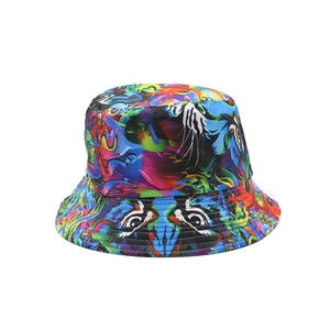 Street style tie-dye bucket hat with colorful graffiti art and high-quality stitching