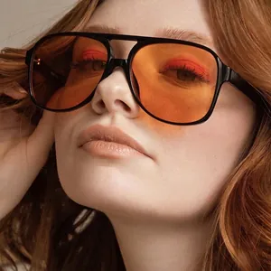 Retro double bridge aviator sunglasses with orange lenses and durable metal hinges