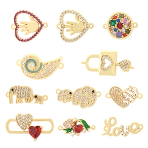 Gold plated bracelet charms with colorful zircon heart, elephant and lock designs