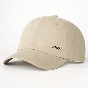 Classic beige cotton baseball cap featuring a black mountain logo for outdoor activities