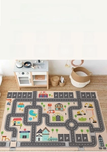 Close-up of non-slip crystal velvet carpet with detailed city traffic map for kids