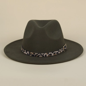 Detailed close-up of dark olive wool fedora featuring leopard print belt and gold buckle