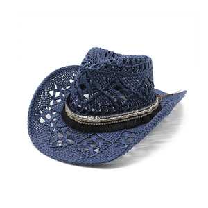 Chapeau de soleil en paille bleu marine avec ruban à franges et paillettes pour l'été
