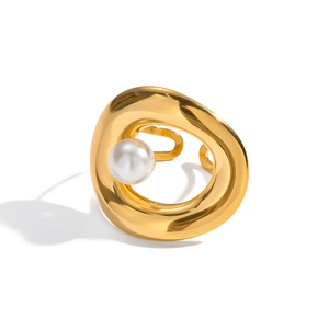 Elegant 18K gold plated stainless steel open ring with a single white pearl accent