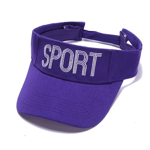 Purple sun visor hat with white SPORT embroidery and adjustable back strap for outdoor sports