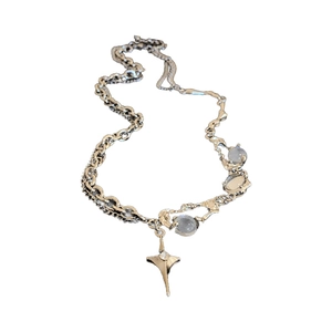 Star resin rhinestone collar necklace with silver metal chain and blue beads charms