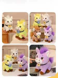Detail showing multi-colored plush horse toys with cute eyes and decorative scarfs