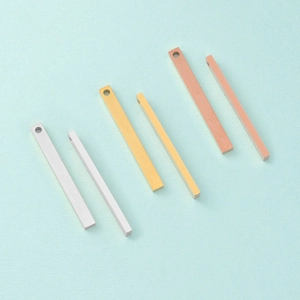 Polished stainless steel rectangle bar pendants in silver, gold, and rose gold finishes