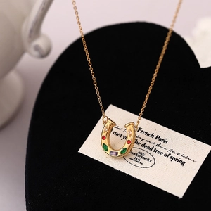Stainless Steel Necklace Horseshoe U-shape Colorful Zirconia Inlaid Cowboy Boot Pendant Retro Fashion Jewelry For Women