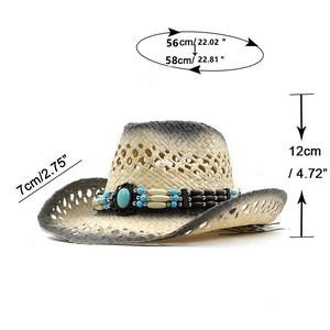 Western straw cowboy hat with turquoise bead band showing size 56/58cm measurements
