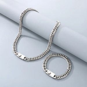 Polished silver stainless steel Cuban chain necklace and bracelet set with square clasps