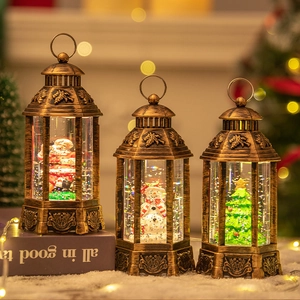 Vintage bronze Christmas lanterns set with Santa, Snowman and Tree light scenes
