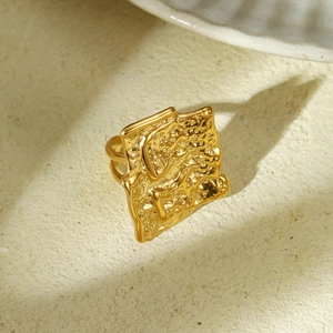 French vintage gold square stainless steel ring with irregular foil texture for women