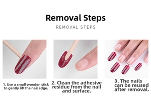 Detail guide showing how to remove reusable burgundy press-on nails with a wooden stick