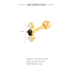 Detail showing 925 sterling silver cartilage stud with AAAAA zirconia and 8mm height specs