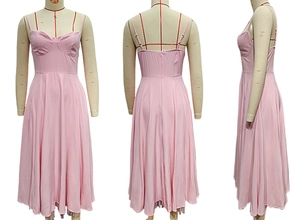 Three-way view showing the front, back and side of this pink French mesh midi dress