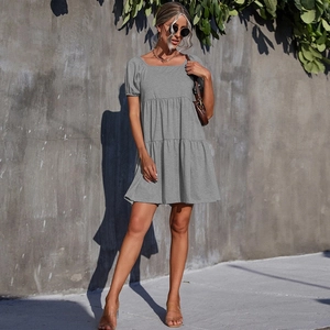 Square Neck Knit Mini Dress Short Puff Sleeve Tiered Cake Solid Color Elegant Vacation Women