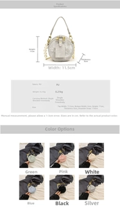 Spécifications de taille et détails matières du mini sac rond brillant avec perles