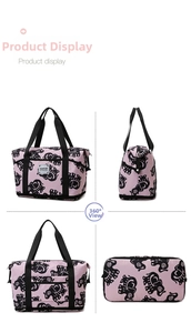 Pink travel bag with black elephant patterns and sturdy handles shown from multiple angles