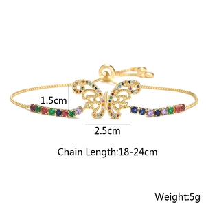Detailed view of the 18K gold butterfly bracelet with dimensions and colorful cubic zirconia